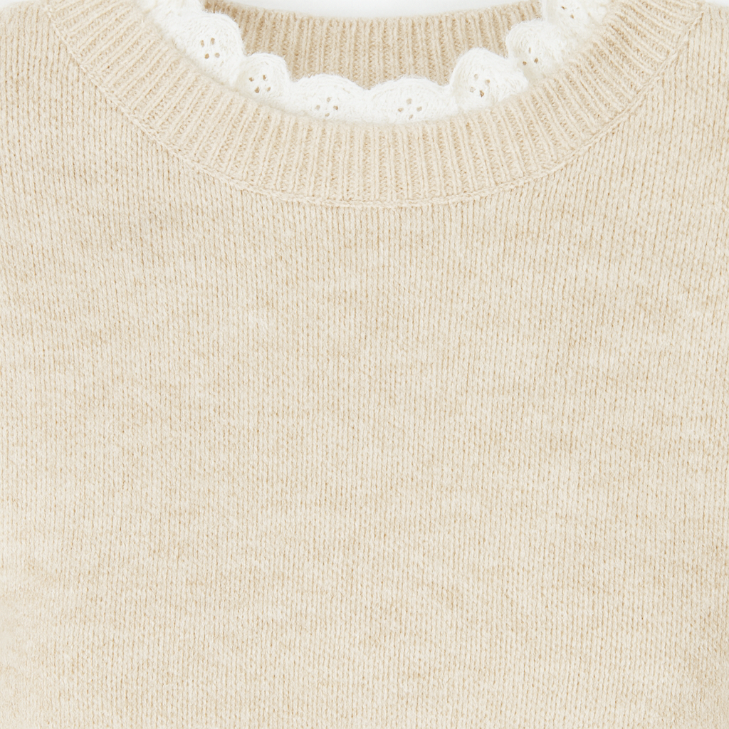 Crew neck sweater with lace trim accents and buttoned cuffs.