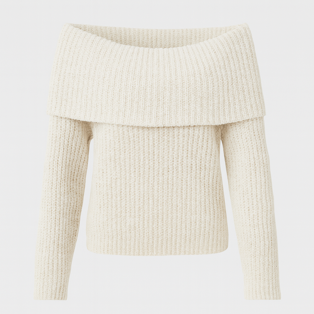 Off-shoulder ribbed knit sweater with long sleeves.