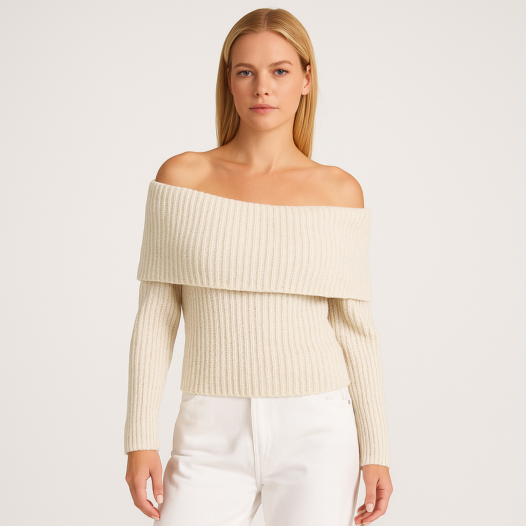 Off-shoulder ribbed knit sweater with long sleeves.