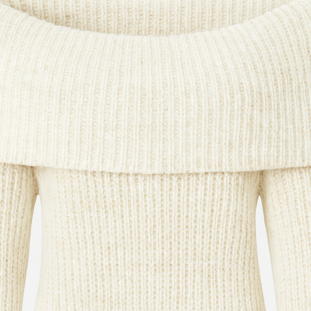Off-shoulder ribbed knit sweater with long sleeves.