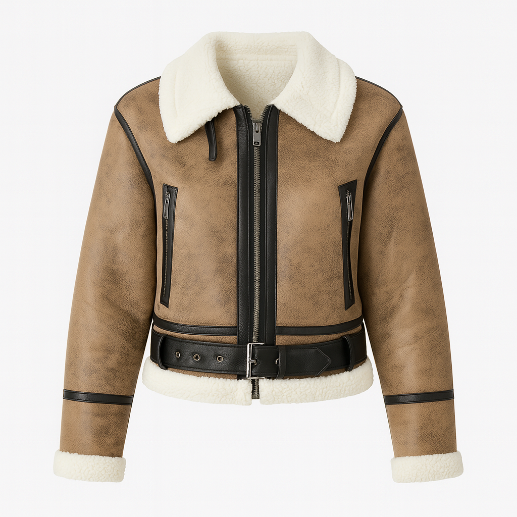 A shearling jacket with a wide faux-fur collar, front zipper closure, belted hem, zippered chest pockets, and faux-fur trim on the cuffs and hemline.