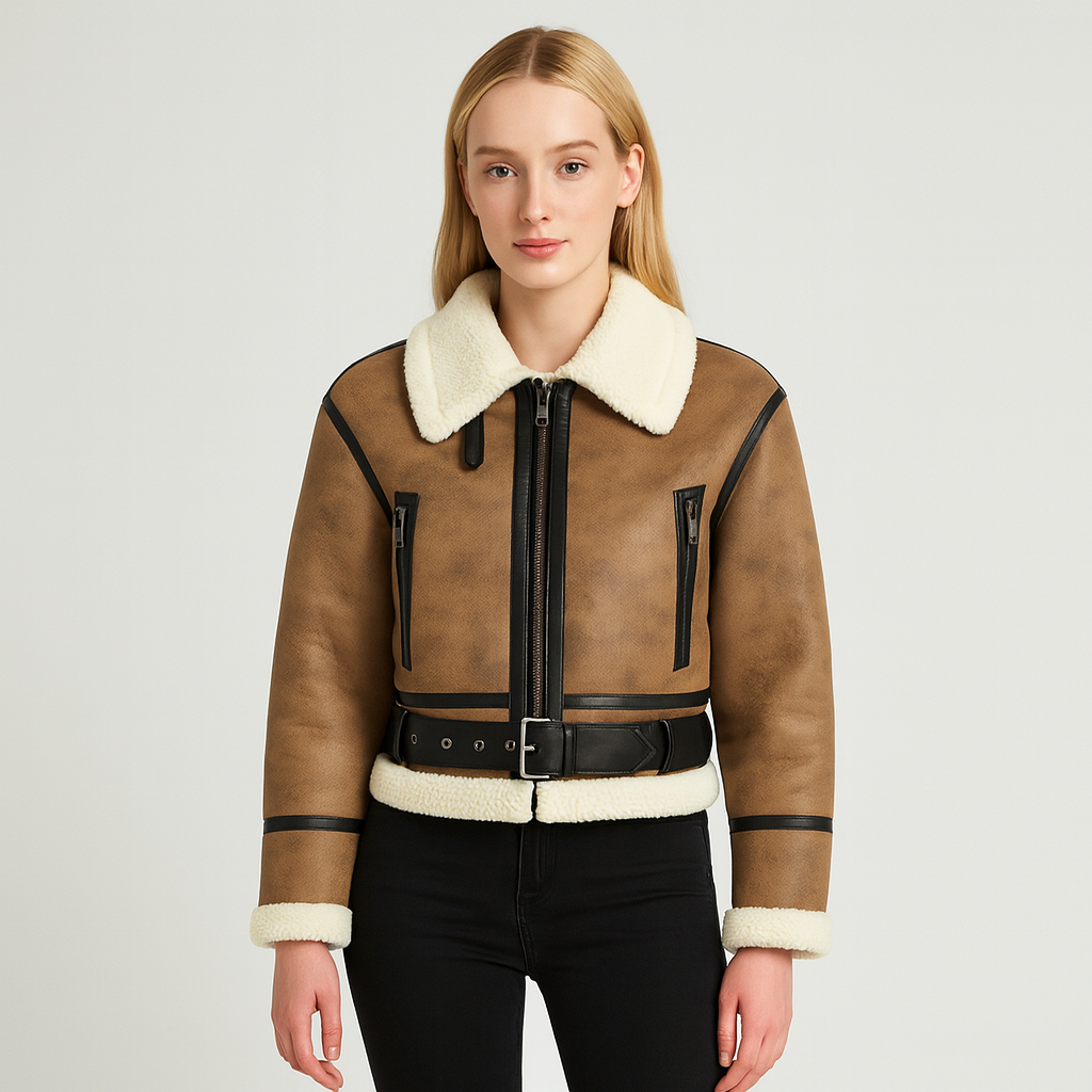 A shearling jacket with a wide faux-fur collar, front zipper closure, belted hem, zippered chest pockets, and faux-fur trim on the cuffs and hemline.
