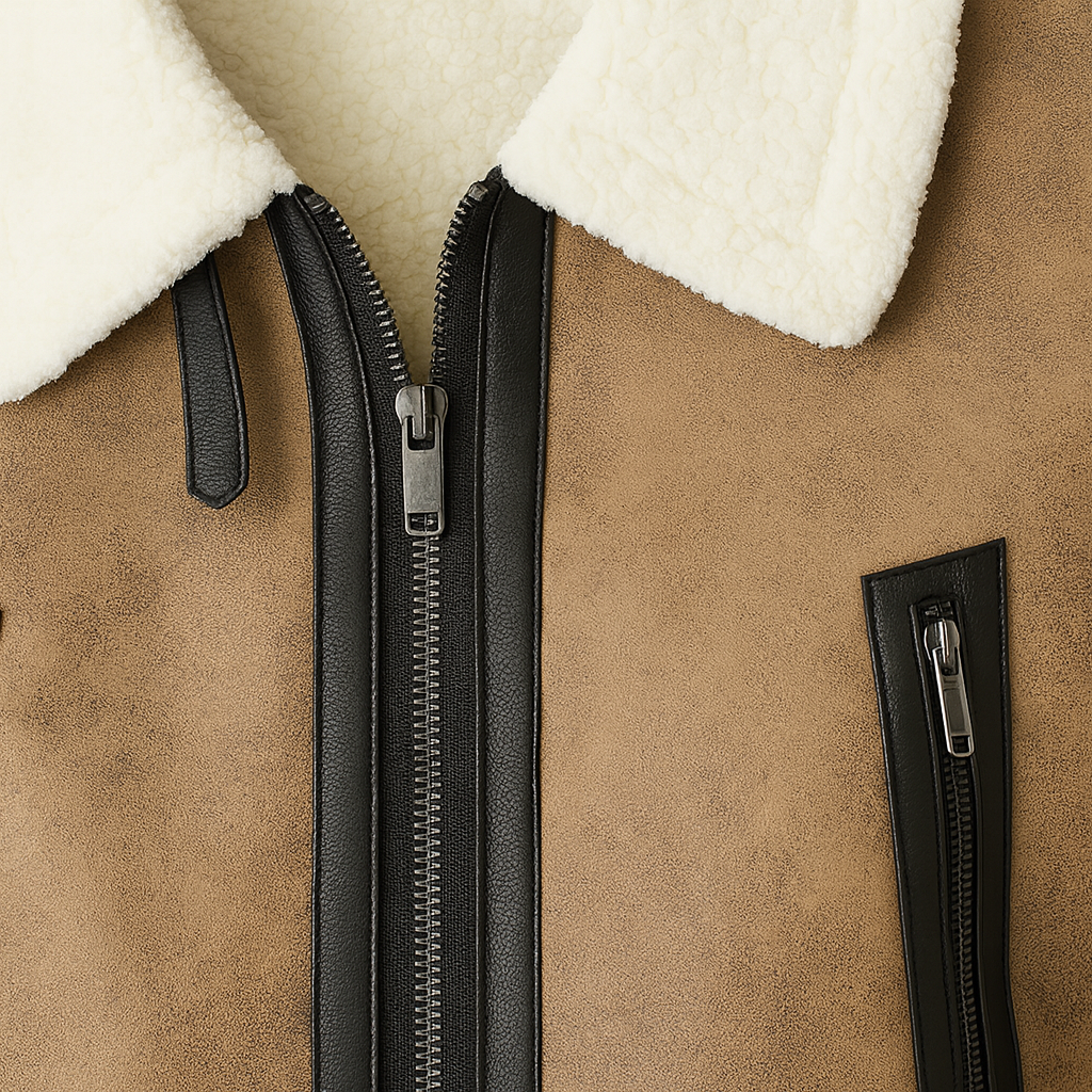 A shearling jacket with a wide faux-fur collar, front zipper closure, belted hem, zippered chest pockets, and faux-fur trim on the cuffs and hemline.