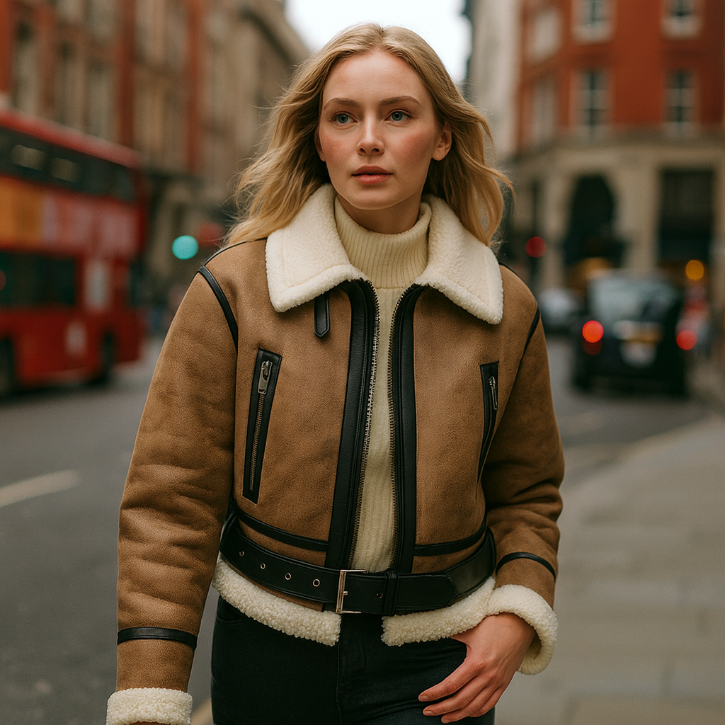 A shearling jacket with a wide faux-fur collar, front zipper closure, belted hem, zippered chest pockets, and faux-fur trim on the cuffs and hemline.