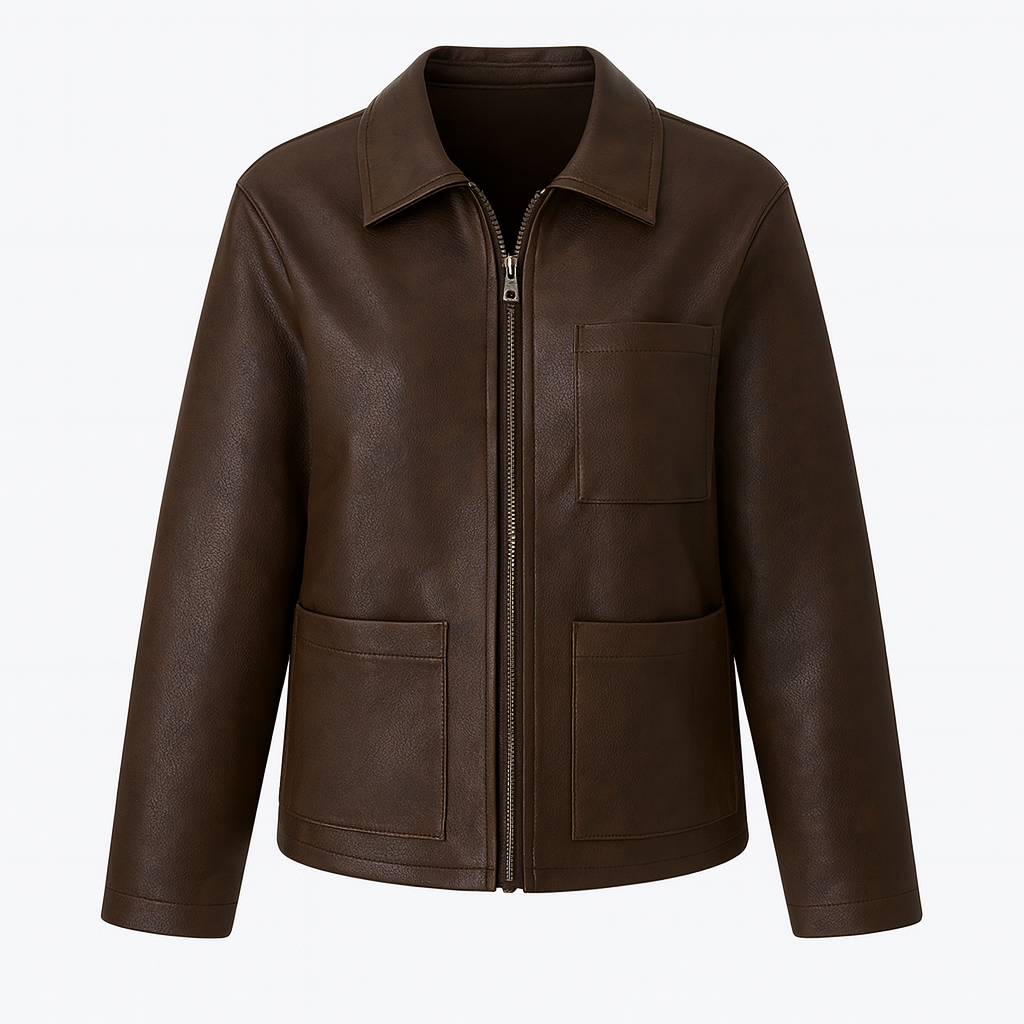 A leather jacket with a front zipper closure, classic collar, long sleeves, and three patch pockets on the front.