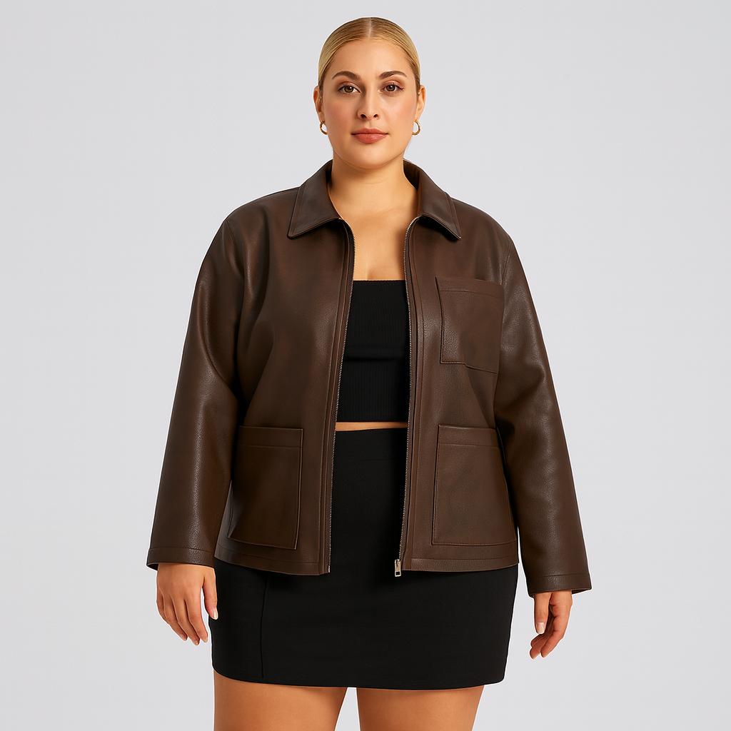 A leather jacket with a front zipper closure, classic collar, long sleeves, and three patch pockets on the front.