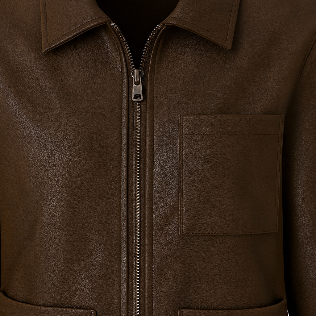 A leather jacket with a front zipper closure, classic collar, long sleeves, and three patch pockets on the front.
